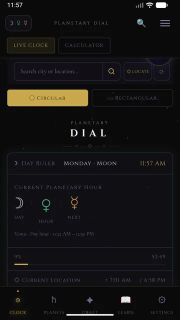 The live clock with the day ruler, current hour and countdown