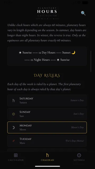The planet ruling each day of the week