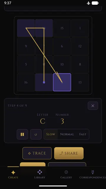 A sigil being traced step by step across the square