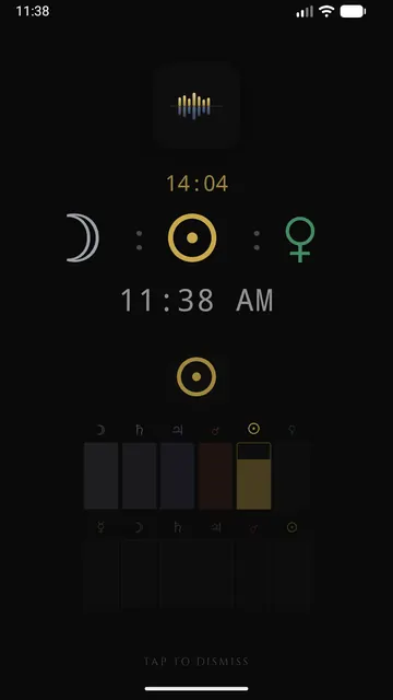 Planetary Time home screen: day ruler, current hour and next hour as planetary symbols