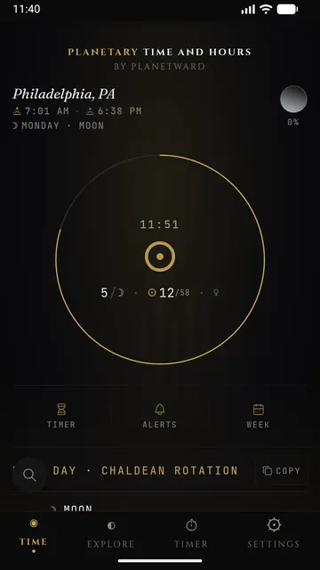 The current planetary hour with its countdown ring